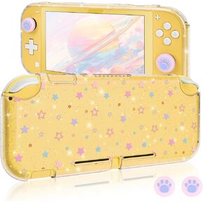 DLseego Protective Case Suitable for Switch Lite Console 2019, TPU Soft Shell Anti-Slip Shock-Absorption Crystal Protective Heart Games Case with 2 PCS Cute Cat Paw Thumb Grips Caps- Glitter Purple