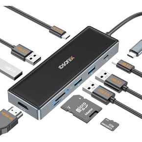 USB C Docking-Station Multiport Adapter - iDsonix 9 in 1 USB 3.0 Hub with 4K HDMI, PD 100W, USB-C and 3 USB-A 3.0 5Gbps Data Port, TF/SD Card Reader, Hub for Laptop, XPS, Type-C Devices