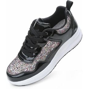 WUIWUIYU Women's Girls' Wedge Platform Shiny PU Sparkly Sequins Glitter Lace-Up Sneakers Street Dance Shoes