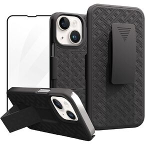 Ailiber Compatible with iPhone 13 Case, iPhone 13 Holster Phone Case with Screen Protector, Swivel Belt Clip, Kickstand Holder, Slim Shockproof Shell Full Body Phone Cover for iPhone 13 6.1"-Black