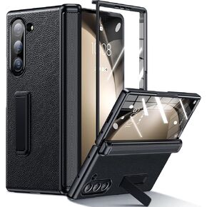 for Samsung Galaxy Z Fold 6 Case 5G, Built-in Screen Protector, Adjustable Kickstand, Magnetic Hinge Protection, 2X Camera Lens Protectors, 360° Full Protective PU Leather Phone Case Cover-Black