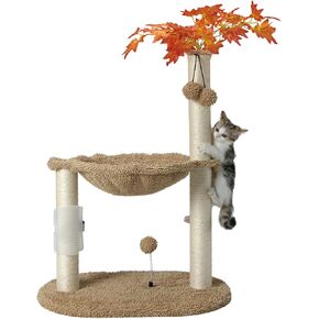 MECOOL Cat Tree Tower 37" Tall Scratching Post with Large Hammcok for Indoor Cats,Self-Massage Bursh Hanging Ball Toys,Black