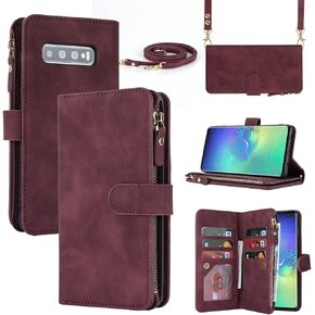 iCoverCase for Samsung Galaxy S10 Wallet Case with Card Holder for Women, Crossbody Lanyard Strap Kickstand PU Leather Case with Zipper Pocket Credit Card Slots Cover (Black)