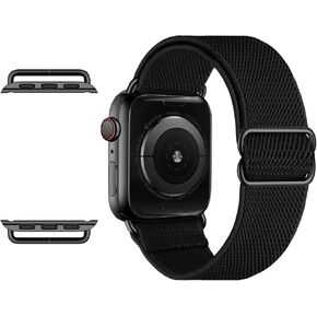 OXWALLEN Metal Connector Stretchy Nylon Solo Loop Band Compatible with Apple Watch Series 9/8/7/6/5/4/3 SE Ultra 2/1 49 45 44 42mm, Elastic Braided Strap for iWatch, Black - Stainless Steel Adapter