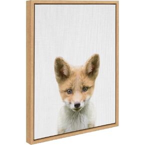 Kate and Laurel Sylvie Baby Fox Color Illustration Framed Canvas Wall Art by Simon Te of Tai Prints, 18x24 Natural, Adorable Animal Art Wall Décor