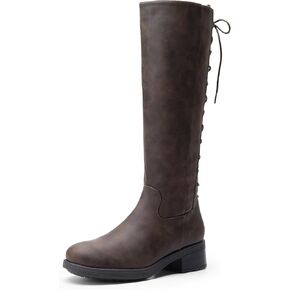 DREAM PAIRS Women's Lace Up Back Knee High Fashion Boots Low Block Heel Riding Boots Round Toe Side Zipper Fall Boots