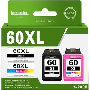 60XL Ink Cartridges Combo Pack (2 Pack,1Black/1Tricolor) -LOMENTI Compatible 60XL 60 Ink Cartridges Replacement for HP Envy 110 120 Deskjet F4480 F4580 D2530 PhotoSmart C4795 D110a Printer