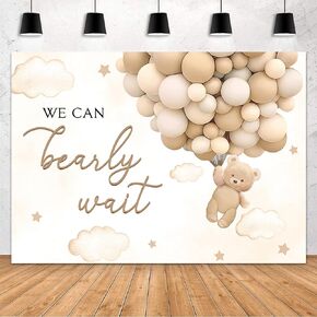MEHOFOND 7x5ft Bear Baby Shower Backdrop We Can Bearly Wait Baby Shower Party Decorations for Boy Hot Airs Balloons Watercolors Clouds Stars Photography Background Newborn Photo Booth Props (Brown)