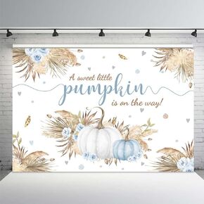 MEHOFOND 7x5ft Autumn Boho Little Pumpkin Backdrop for Girl Baby Shower Fall Leaves Pampas Grass Pink White Floral Background for Photography Party Decorations Banner Photo Booth Props