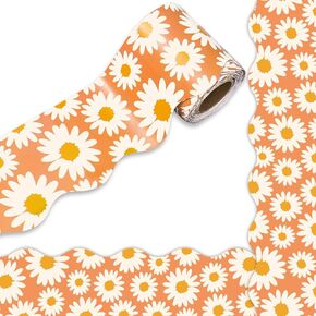 Whaline 32.8ft Boho Floral Bulletin Board Borders Retro Flower Scalloped Die-Cut Bulletin Board Strips Groovy Rolled Bulletin Board Trim for School Classroom Office Chalkboard Decoration