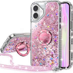 Silverback for iPhone 16e Case with Stand, Moving Liquid Holographic Sparkle Glitter Case with Kickstand, Girls Women Bling Diamond Ring Protective Cover - Purple