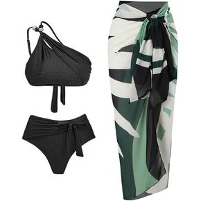 Women's One Piece Swimsuit with Beach Cover up Sarong Wrap Skirt 2PCS Halter Tummy Control Summer Bathing Suit