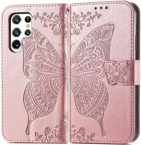 MEUPZZK Samsung Galaxy S22 Ultra Wallet Case, Embossed Butterfly Flower Premium PU Leather [Kickstand] [Card Slots] [Wrist Strap] [6.8 inch] Phone Cover for Samsung S22 Ultra (A-Rose) in Saudi Arabia