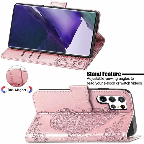 MEUPZZK Samsung Galaxy S22 Ultra Wallet Case, Embossed Butterfly Flower Premium PU Leather [Kickstand] [Card Slots] [Wrist Strap] [6.8 inch] Phone Cover for Samsung S22 Ultra (A-Rose) in Saudi Arabia