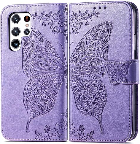 MEUPZZK Samsung Galaxy S22 Ultra Wallet Case, Embossed Butterfly Flower Premium PU Leather [Kickstand] [Card Slots] [Wrist Strap] [6.8 inch] Phone Cover for Samsung S22 Ultra (A-Rose) in Saudi Arabia