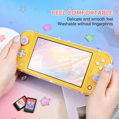 DLseego Protective Case Suitable for Switch Lite Console 2019, TPU Soft Shell Anti-Slip Shock-Absorption Crystal Protective Heart Games Case with 2 PCS Cute Cat Paw Thumb Grips Caps- Glitter Purple in Kuwait