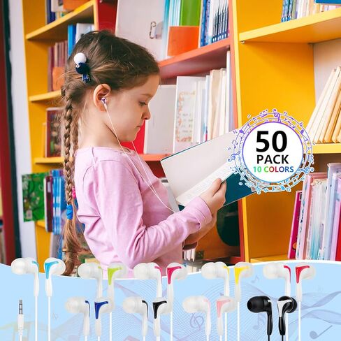 سماعات أذن للأطفال، 50 قطعة متعددة الألوان، معبأة بشكل فردي، سماعات أذن سلكية للاستعمال مرة واحدة بالجملة، مثالية لطلاب مكتبات الفصول المدرسية (10 ألوان Y) in Kuwait