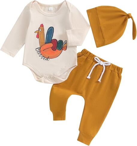 Thanksgiving Baby Boy Outfit Turkey Long Sleeve Romper Solid Color Pants Newborn Thanksgiving Clothes Set with Hat in Saudi Arabia