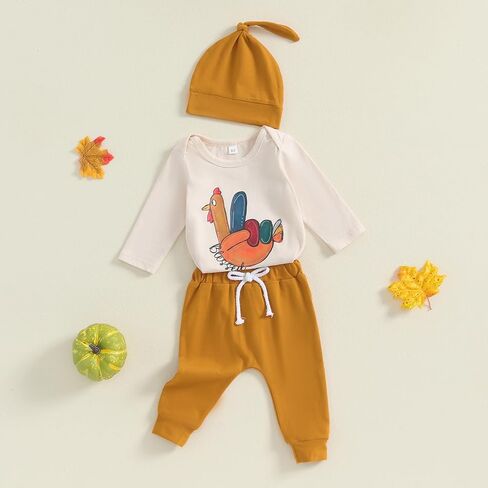 Thanksgiving Baby Boy Outfit Turkey Long Sleeve Romper Solid Color Pants Newborn Thanksgiving Clothes Set with Hat in Saudi Arabia