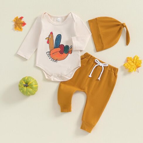 Thanksgiving Baby Boy Outfit Turkey Long Sleeve Romper Solid Color Pants Newborn Thanksgiving Clothes Set with Hat in Saudi Arabia