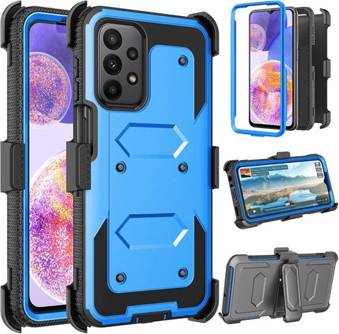 حافظة هاتف Galaxy A23 5G، حافظة هاتف Takfox لهاتف سامسونج جالاكسي A23 5G مع واقيات شاشة ومشبك حزام للهاتف وحافظة حماية شديدة التحمل مضادة للصدمات [حماية لكامل الجسم] غطاء متين بمسند - أزرق in Kuwait