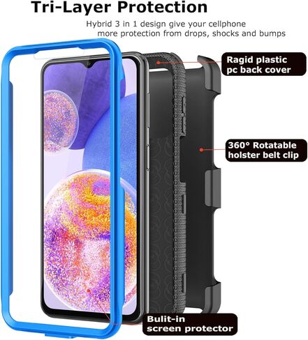 حافظة هاتف Galaxy A23 5G، حافظة هاتف Takfox لهاتف سامسونج جالاكسي A23 5G مع واقيات شاشة ومشبك حزام للهاتف وحافظة حماية شديدة التحمل مضادة للصدمات [حماية لكامل الجسم] غطاء متين بمسند - أزرق in Kuwait