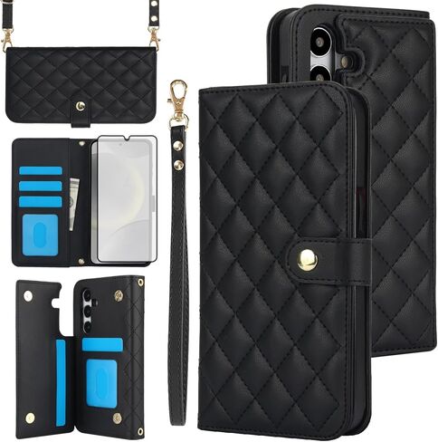 Asuwish Phone Case for Samsung Galaxy A15 5G/4G Wallet Cover with Tempered Glass Screen Protector and RFID Card Holder Slot Stand Wrist Strap Cell Accessories Mobile A 15 G5 15A Women Men Black in Saudi Arabia