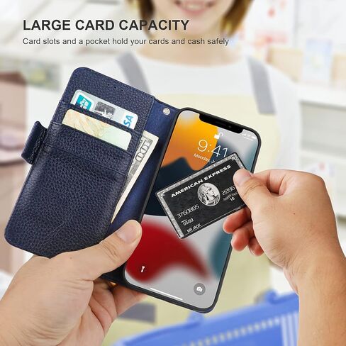 حافظة محفظة Bocasal لهاتف iPhone 13 Pro Max 5G، تدعم الجلد الأصلي الشحن اللاسلكي RFID وحامل فتحات بطاقات، حامل كتاب مسند قابل للطي مع حزام معصم 6.7 بوصة (أزرق ملكي) in Kuwait