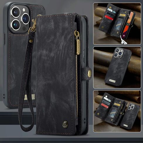 Kowauri Wallet Case for iPhone 15 Pro, Zipper Purse Folio Leather Wallet with Card Holder Wrist Strap Detachable Magnetic Shockproof Protective Back Case for iPhone 15 Pro (6.1 inch), Black in Kuwait