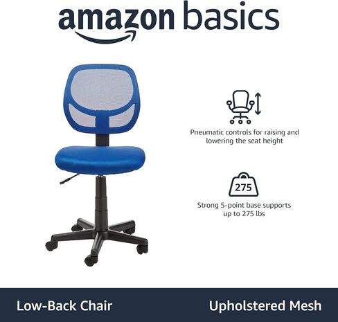 Amazon Basics كرسي مكتب بظهر منخفض، شبكة مسامية، ارتفاع قابل للتعديل، مقعد مبطن، عجلات دوارة، دوار، دعم الظهر، قوي، 21.25 بوصة عمق × 22.5 بوصة عرض × 38 بوصة ارتفاع، أسود in Kuwait