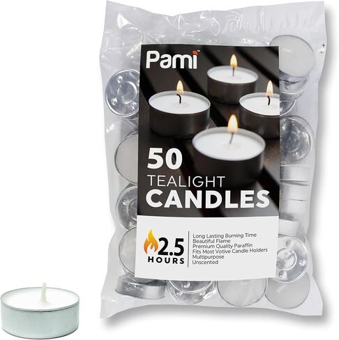 PAMI Premium 50 Pack Long-Lasting Tealight Candles - Unscented Tea Candles with 2.5 Hours Burning Time- Paraffin Tealights with Beautiful Flame- Round Candles Perfect for Votive Candle Holders in Saudi Arabia