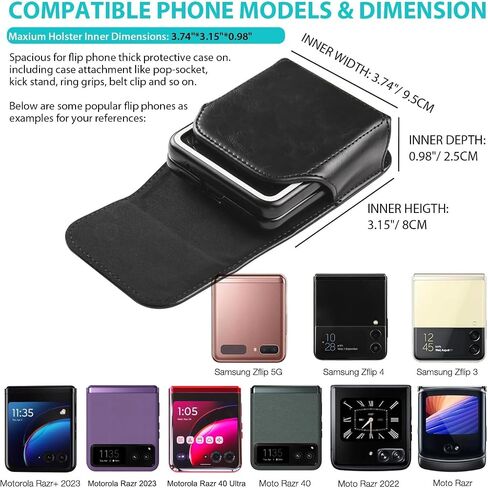TJS متوافق مع سلسلة Samsung Galaxy Z Flip 5 4 3 5G، Motorola RAZR + 2023 40 Ultra Series، حامل قلاب مغناطيسي للإغلاق، جراب هاتف من جلد البولي يوريثان الغربي على حافظة الحزام (أسود) in Saudi Arabia