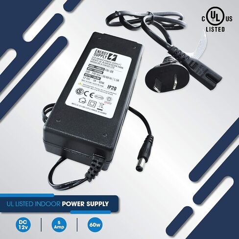 Power Supply DC 12V 5A 60W Plug Size: (OD 5.5mm | ID 2.1mm). UL Certified. for Led Lights Strips, Speakers, Amplifiers, PC Power Supply. in Saudi Arabia