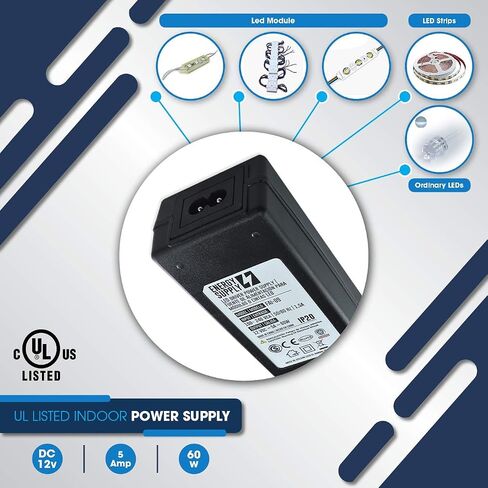 Power Supply DC 12V 5A 60W Plug Size: (OD 5.5mm | ID 2.1mm). UL Certified. for Led Lights Strips, Speakers, Amplifiers, PC Power Supply. in Saudi Arabia
