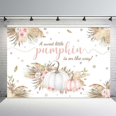 MEHOFOND 7x5ft Autumn Boho Little Pumpkin Backdrop for Girl Baby Shower Fall Leaves Pampas Grass Pink White Floral Background for Photography Party Decorations Banner Photo Booth Props in Saudi Arabia