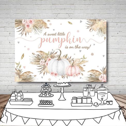 MEHOFOND 7x5ft Autumn Boho Little Pumpkin Backdrop for Girl Baby Shower Fall Leaves Pampas Grass Pink White Floral Background for Photography Party Decorations Banner Photo Booth Props in Saudi Arabia