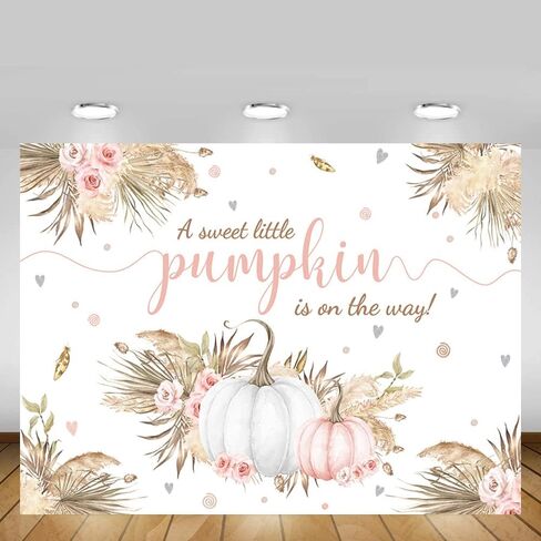 MEHOFOND 7x5ft Autumn Boho Little Pumpkin Backdrop for Girl Baby Shower Fall Leaves Pampas Grass Pink White Floral Background for Photography Party Decorations Banner Photo Booth Props in Saudi Arabia