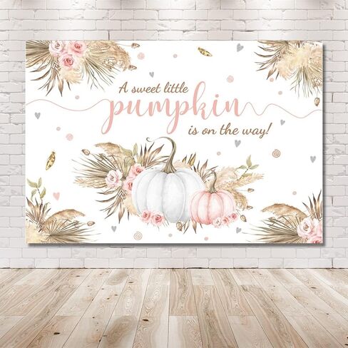 MEHOFOND 7x5ft Autumn Boho Little Pumpkin Backdrop for Girl Baby Shower Fall Leaves Pampas Grass Pink White Floral Background for Photography Party Decorations Banner Photo Booth Props in Saudi Arabia