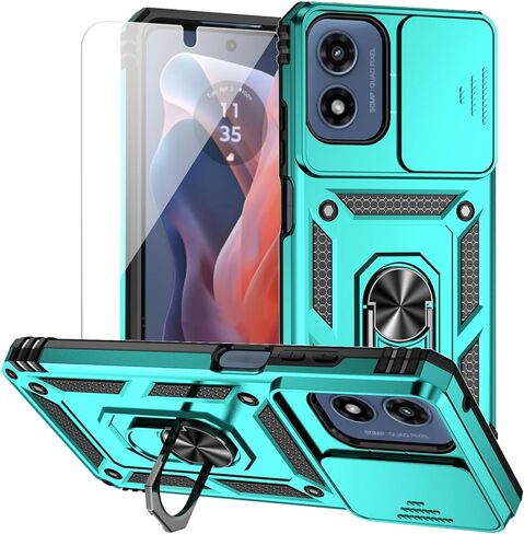 حافظة لهاتف Moto G Play 2024 مع غطاء عدسة الكاميرا وواقي شاشة عالي الدقة، طبقة مزدوجة تم اختبارها من الدرجة العسكرية وحامل حلقي مغناطيسي ومسند حافظة هاتف واقية لهاتف Motorola Moto G Play 4G 2024 (كحلي) in Saudi Arabia