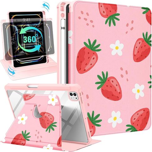 حافظة لجهاز iPad Pro 13 بوصة M4 2024 - للنساء والفتيات والأطفال غطاء فوليو لطيف مع حامل قلم رصاص بتصميم فراولة جرلي وحامل دوار لجهاز iPad Pro 13 بوصة 2024 (A2925 A2926 A3007) in Kuwait