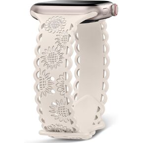 Sunflower Engraved Band Compatible with Apple Watch Band 40mm 41mm 38mm 42mm 44mm 45mm 49mm Women,Lace Hollow-out Sport Soft Floral Silicone Strap for iWatch Series 9 8 6 5 4 3 2 1 SE Ultra Ultra 2