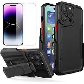 BAISRKE Belt Clip Holster for iPhone 14 Pro Max Case,Heavy Duty Full Body Protective with [ 9H Tempered Glass Screen Protector] [Kickstand 360°Swivel] Cover Case (for iPhone 14 Pro Max 6.7")
