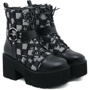 Women's Denim Leather Splice Chunky Heel Goth Ankle Boots With Side Zipper Platform Block High Heel Lace Up Combat Boots Breathable Lined Comfy Y2K Punk Motorcycle Short Booties
