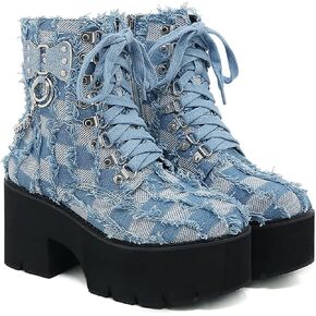 Women's Denim Leather Splice Chunky Heel Goth Ankle Boots With Side Zipper Platform Block High Heel Lace Up Combat Boots Breathable Lined Comfy Y2K Punk Motorcycle Short Booties