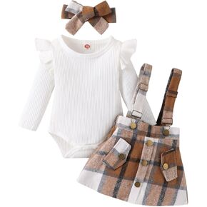 Douhoow Infant Girl Fall Outfits Baby Girl Romper Plaid Suspender Dress Skirt with Headband 3Pcs Festival Clothes in Kuwait