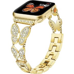 Butterfly Band Compatible with Apple Watch Band 41mm 40mm 38mm iWatch SE Series 9 8 7 6 5 4 3 2 1, Thin Cute Metal Jewelry Bands for Women, Fancy Bling Luxury Diamond Dressy Strap-Silver