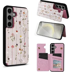 حافظة هاتف Asuwish لهاتف Samsung Galaxy S24 Plus S24+ 5G غطاء خلوي مع واقي شاشة من الزجاج المقسى فتحة حامل بطاقة زهرة فاخرة S24plus 24S + S 24 24+ نساء بنات زهور متفتحة