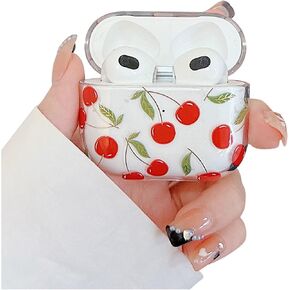 YeLoveHaw Designed for AirPods Pro Cute Case for Women Girls, Red Fruit Green Leaves Pattern, Glitter Golden Lines, Soft Clear Full Body Protective Cover for Airpods Pro Charging Case 2019 (Cherry)