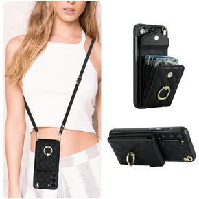 QLTYPRI Crossbody Wallet Case for Samsung Galaxy S24, PU Leather Phone Case with RFID Blocking Card Slots Holder Ring Kickstand Wrist Strap Lanyard Handbag Purse Cover for Samsung S24 – Black