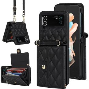 for Samsung Galaxy Z Flip 3 Case with Card Holder and Adjustable Strap, Stylish and Versatile Accessory, Heavy Duty Shockproof Case for Galaxy Z Flip 3 (Black)